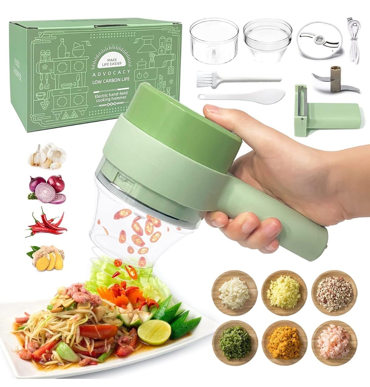 4 in 1 Handheld Electric Vegetable Cutter Set, Portable Mini Wireless Food Processor with Brush, Gatling Vegetable Cutter Electric Garlic Chopper for Garlic Pepper Chili Onion Celery Ginger Meat
